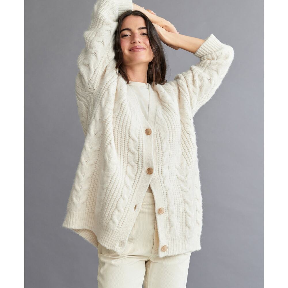 Jenni Kayne Cable Cocoon Alpaca Wool Cardigan Sweater Cozy Quiet Luxury Ivory XL